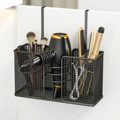 Lot de 2 supports de rangement pour outils capillaires – 1 version autocollante et 1 version cintre, métal noir, pour sèche-cheveux, fer à friser et accessoires (1/5)