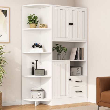 Armoire de cuisine, buffet, vitrine avec plan de travail, armoire d'angle, 3 portes, 2 tiroirs, étagères ouvertes, multi-usages, pour le salon, blanche (1/4)