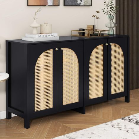 Buffet Bahut 4 Portes en Rotin PE Noir, Meuble de Rangement avec Étagères Réglables, Enfilade pour Salle à Manger, Salon et Cuisine (1/5)