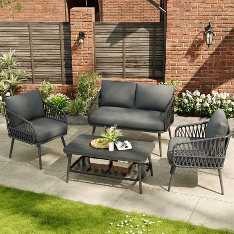 4-Seater Outdoor Patio Set with Storage Table, Weather-Resistant Sofa and Armchairs, Stylish Grey Linen for Balcony and Terrace
