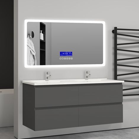 Aica Sanitaire – Meuble double vasque 120x46x52cm – 4 tiroirs à fermeture amortie – 2 vasques suspendues en céramique – Finition anthracite (1/4)