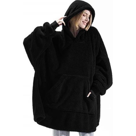 Coperta con cappuccio per adulti, in pile, con maniche, per donne e uomini, coperta con cappuccio e maniche, tasche portatili, coperta invernale per TV e divano, 95x85 cm, nero