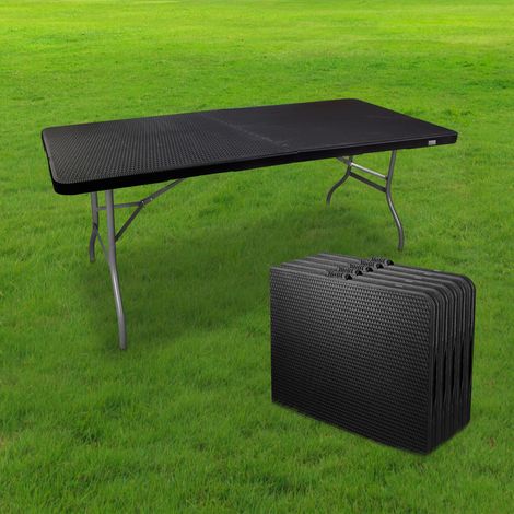 Lot de 5 Table Pliante Effet Rotin 180 cm d'Appoint Rectangulaire Noire - Table de Camping 8 personnes L180 x l74 x H74cm en HDPE Haute Densité Épaisseur 3,5 cm - Pieds Acier Pelliculé- Idéal Mariage (1/5)