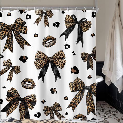 Rideau de douche à imprimé léopard avec nœud 72Px84L pouces Extra Long Vintage Rétro Moderne Bownot Lips Girly Brun Guépard Mode Ensemble de salle de bain Joli Décor de bain imperméable (1/5)