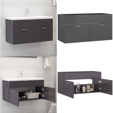 Armoire d'évier Gris brillant 90x38,5x46 cm Bois d’ingénierie - Meuble De Salle De Bain - Armoire Lavabo - Meuble Vasque - Rangement Salle De Bain - Armoire Toilette - Home & Living