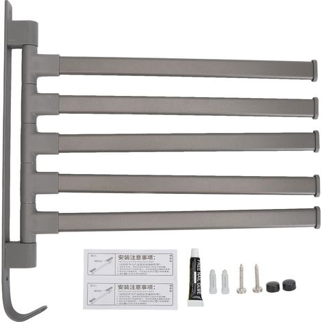 Porte-serviettes pivotant 5 bras, barre murale sans perçage, étagère de rangement double usage pour salle de bain, gris (1/5)
