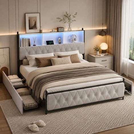 Lit 180x200 cm avec rangement et tête de lit capitonnée, lit double avec 4 tiroirs et éclairage led, étagères intégrées, ports USB, cadre de lit avec sommier à lattes, velours beige (1/5)