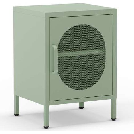 Mesita de noche para dormitorio Dora 1 puerta acabado en metal verde menta, 40cm(ancho) 60cm(alto) 35cm(fondo). (1/5)