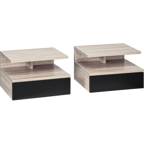 Beyamis Set aus 2 Wandnachttischen – Set aus 2 Nachttischen – Schublade, Nische, Ablage – Schwarze Eiche