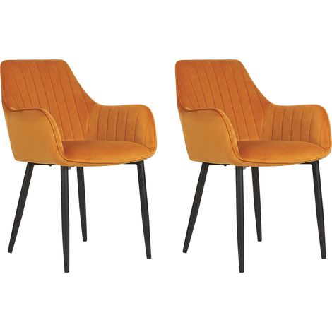 Moderno conjunto de 2 sillas de comedor de terciopelo puntadas verticales patas de metal retro glamour naranja Wellston (1/5)