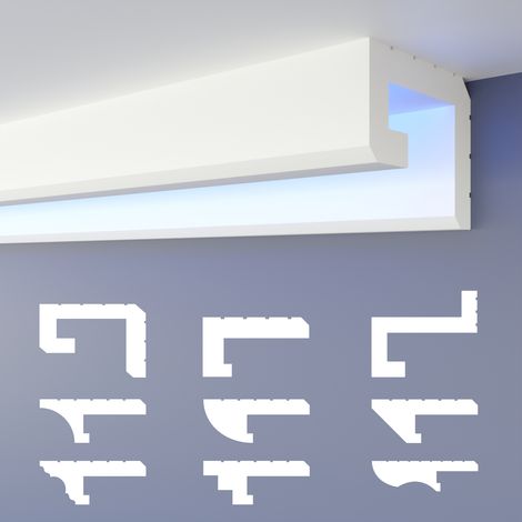 HEXIMO Profilé de joint d'ombre LED Moulures, éclairage indirect XPS Polystyrene Plafond sec: HLED-2 - 56x70 mm, 30.6 mètres / 18 baguettes