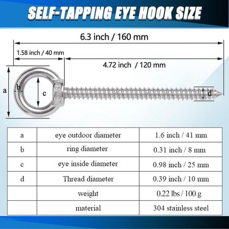 ganci ad occhiello a vite, anelli di sollevamento M10 x 120 mm, ganci ad occhiello resistenti in acciaio inossidabile con filettatura per amache, tende, sedie sospese (argento) (1/5)
