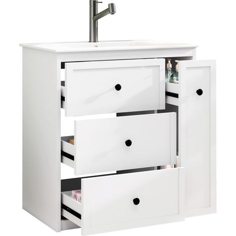 CHICFURN Meuble sous vasque salle de bain 76 x 46 x 82 cm avec vasque en céramique, 4 tiroirs dont 1 coulissant latéral, rangement, blanc, sur pied (1/5)