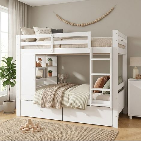 Litera infantil 205x104x160 cm de madera blanca con almacenaje, sin colchón – MEUBLIV (1/5)