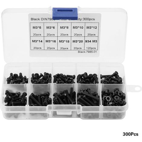 Kit d'assortiment de 300 vis, boulons et écrous à tête cylindrique cruciforme en acier au carbone noir M3