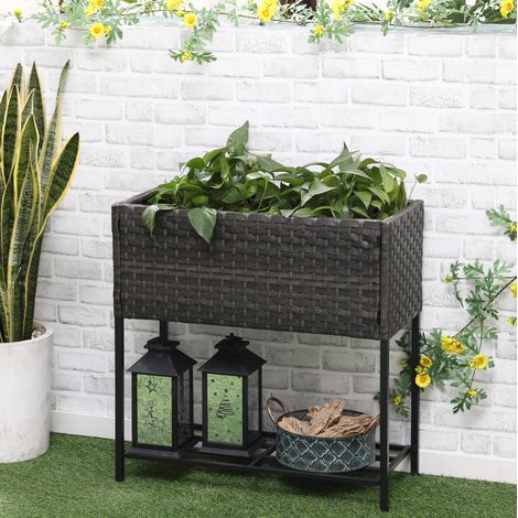 Bac à fleurs surélevé en polyrotin avec pieds et étagère, 70 x 30 x 72 cm, marron (1/5)