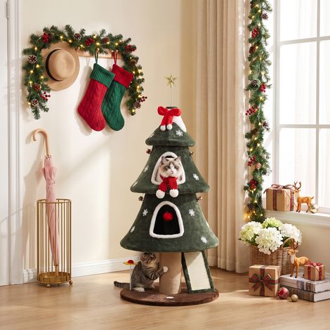 Arbre à chat à griffer 132 cm, motif Noël, en peluche, avec 2 niches et une échelle en sisal vert (1/5)