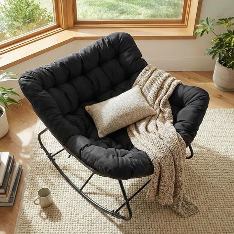 Schaukelstuhl mit Rattan, Ei-Schaukelstuhl, Schaukelsessel Oversized, mit dickem Abnehmbar Polster & Metallrahmen, Belastung von 150kg, Loungesessel für Garten Balkon Wohnzimmer, Schwarz (1/5)