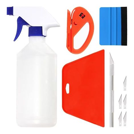 Window tint application tool kit contains automotive film scrapers, spray bottle and utility knife with blades, glass protective film for (1/5)