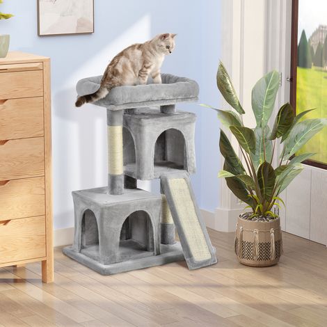 Arbre à chat avec poteaux en sisal. Lit et 2 niches. 59 x 39 x 81 cm. Gris. (1/5)