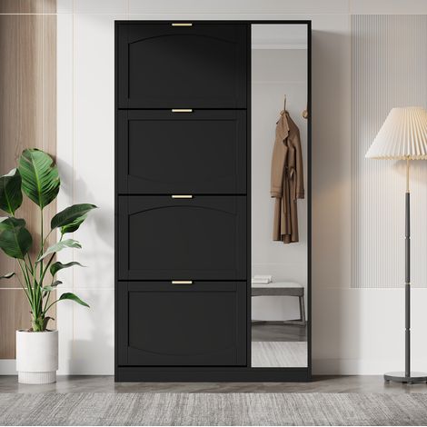 Scarpiera in truciolare nera con ante a specchio, 4 scomparti a ribalta, ripiani regolabili, 80x24x147 cm (1/5)