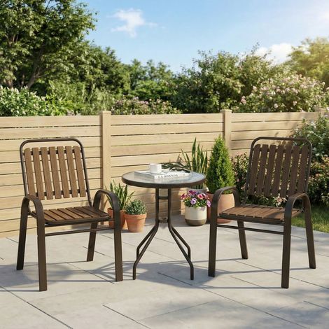 Conjunto de Jardín Exterior de 3 Piezas con 2 Sillas Apilables y Mesa Redonda de Vidrio Templado para Balcón Terraza (1/5)
