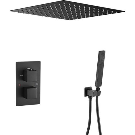 Set de douche thermostatique encastrable noir mat – Tête de douche carrée 30 cm extra-plate – Robinet en laiton 2 voies – Douchette flexible 150 cm – Valaz (1/5)