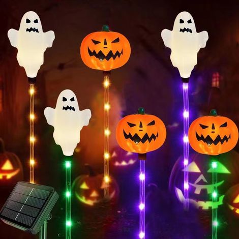Lampes à piquer solaires Halloween citrouille et fantôme, lot de 6 avec tige transparente lumineuse, IP65, décoration extérieure jardin cour terrasse