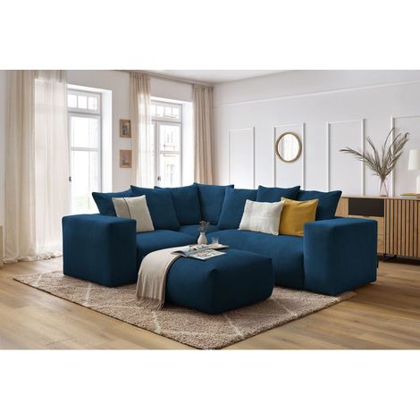 BOBOCHIC - Canapé d'angle fixe modulable VOLTAIRE avec 1 chauffeuse 2 places, 1 angle, 1 chauffeuse 1 place et 1 pouf Angle gauche Bleu foncé (1/5)