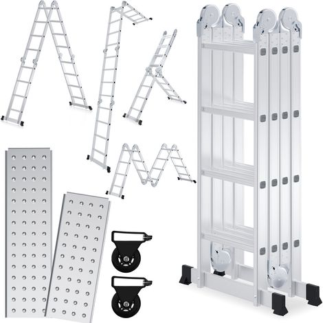 Randaco Escalera multifuncional 7 en 1 de aluminio, 4x4 peldaños, aprox. 470 cm / 4,7 m, plegable, 2 plataformas + 2 ruedas, carga máxima 150 kg (1/5)