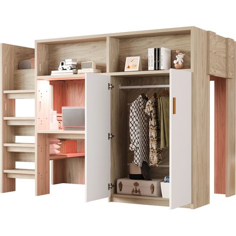Lit mezzanine 90x200 cm avec bureau, armoire, étagères, rangements, LED et échelle sécurisée, structure bois gain de place pour chambre enfant et ado  CHICFURN (1/5)