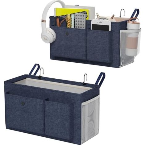 Edudif Organiseur de chevet avec sangles fixes et porte-bouteille d'eau, idéal pour la maison, le dortoir, l'hôpital, le berceau, solution de rangement polyvalente (bleu marine, 2 pièces) (1/5)
