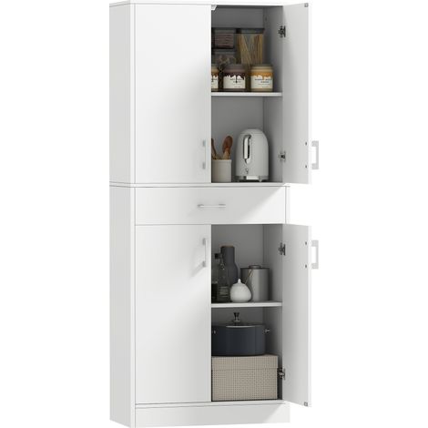 Buffet haut de cuisine 180 cm, 4 portes, 2 placards, 1 tiroir central, 2 étagères réglables, blanc.