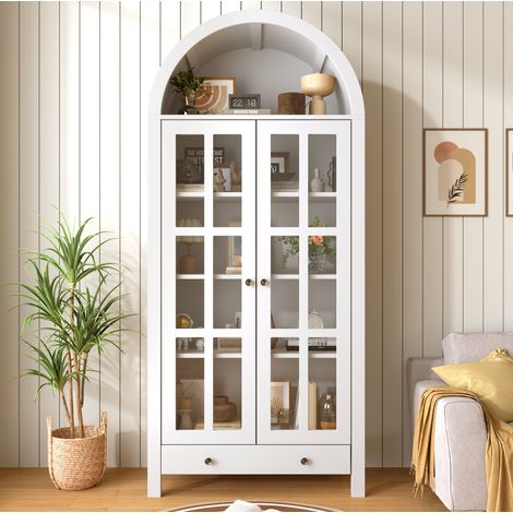 Vitrina de pie blanca con diseño de arco, puertas transparentes de acrílico, estantes ajustables y cajón, 75 × 35 × 170,5 cm, para salón o comedor  FLORAGRACE (1/5)