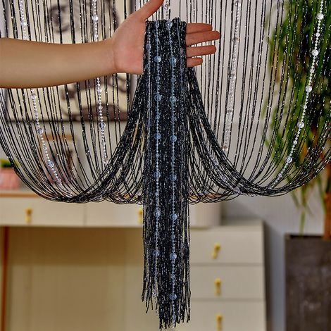 JSSEVN - 1pc Beaded Curtain, Crystal Beaded Door Curtain, Cryptographic Fringe Bedroom Decoration Partition, Black, 1x2m (1/3)