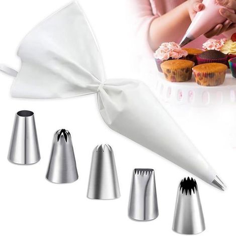 Poche a Douille - Reutilisable - 6 Pièces - Avec 5 Douilles Métalliques - Pour Décoration de Gâteaux Biscuits Cupcakes - Kit Pâtisserie (1/5)