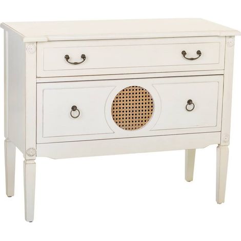 Commode blanche vieillie bois et rotin style vintage élégant - blanc vieilli et rotin naturel (1/5)