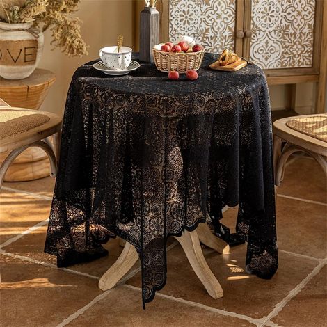 Serviette en dentelle ronde 140cm Noir, brodée vintage florale, pour mariage, fête, banquet