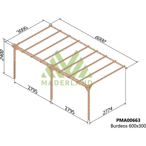 Pérgola de Madera Maciza  Adosada Burdeos (Maderland) - Gardeneas - 600 x 300 cm