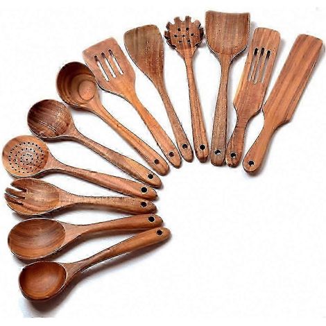 Set aus 12 Küchenlöffeln aus Holz, Küchenutensilien mit Spateln, praktisches Set für die tägliche Küche. (1/5)