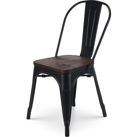Stuhl aus mattschwarzem Metall mit Sitz aus dunklem Holz - Industrial Style