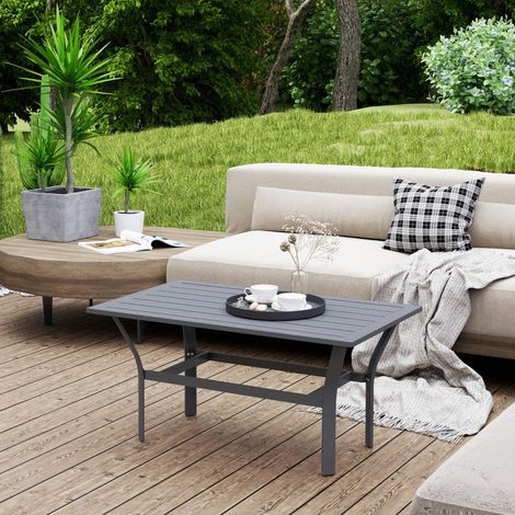 Garten Beistelltisch Rechteckig mit Lamellenplatte, Metallgestell, für Balkon und Terrasse, 91,5 x 55 x 45 cm