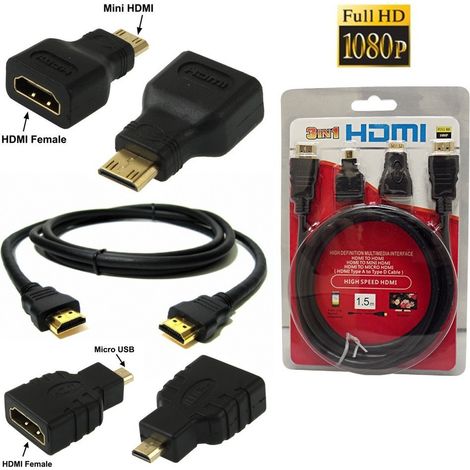 TrAdE Shop Traesio - 3 In 1 Cavo Hdmi Full Hd 1080p 1.5 M + Adattatori Mini Hdmi E Micro Hdmi Dorati -