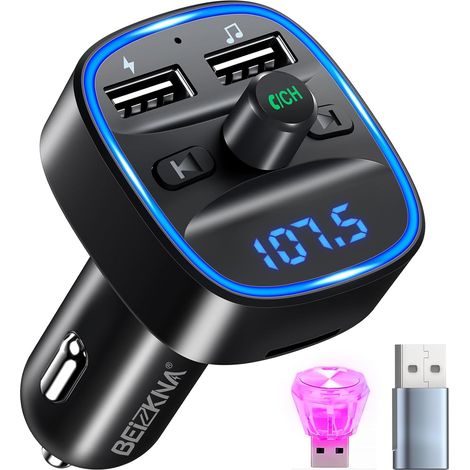 Transmetteur FM Bluetooth 5.3 - Adaptateur Bluetooth pour Voiture - 2 Ports USB - Chargeur de Voiture - Écran LED - Lecteur de Musique - Allume-Cigare avec Mains Libres - Prise en Charge BT, Carte TF (1/5)
