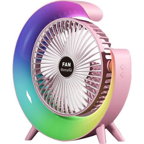 HONORNIC - Ventilateur de bureau portable à 3 vitesses avec lumière, inclinaison réglable à 180°, USB, petit et silencieux, idéal pour l'été (rose).