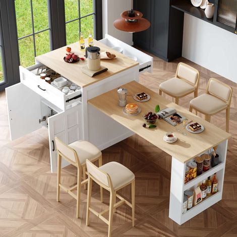Table îlot extensible blanc 133-202 cm 2 tiroirs 4 casiers étagères latérales 2-6 personnes (1/5)