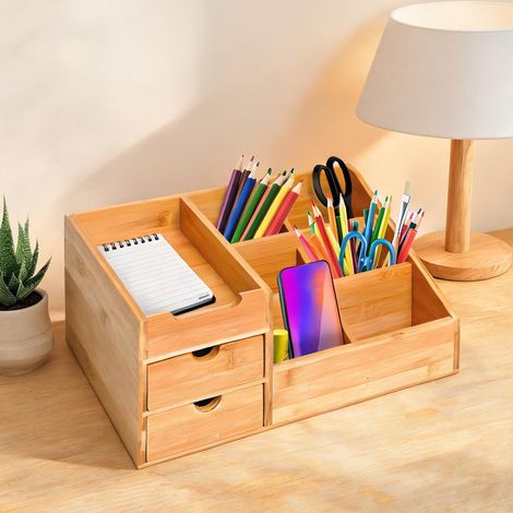 Organiseur de bureau en bambou 2 tiroirs 7 compartiments 33 x (1/5)