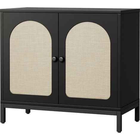 Meuble à rangement 2 portes en rotin – Bois effet chêne – 80 cm – Design Boho & moderne – Anti-basculement, Noir (1/5)