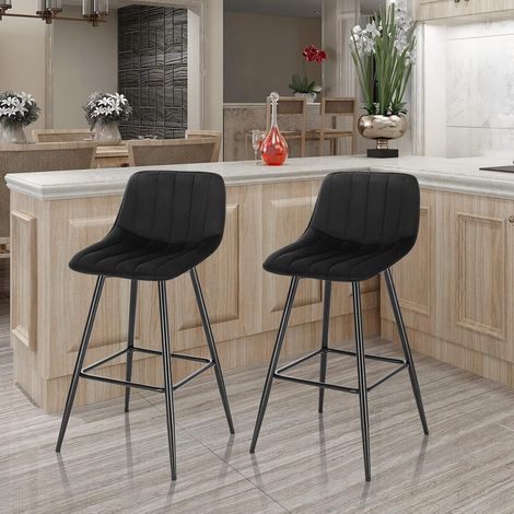 WOLTU 2x Bar Stools Velvet Padded Seat Metal High Legs Kitchen Home living Room Black