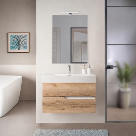 Mobile bagno sospeso 80cm quercia e bianco con lavabo in resina Sumya (1/5)